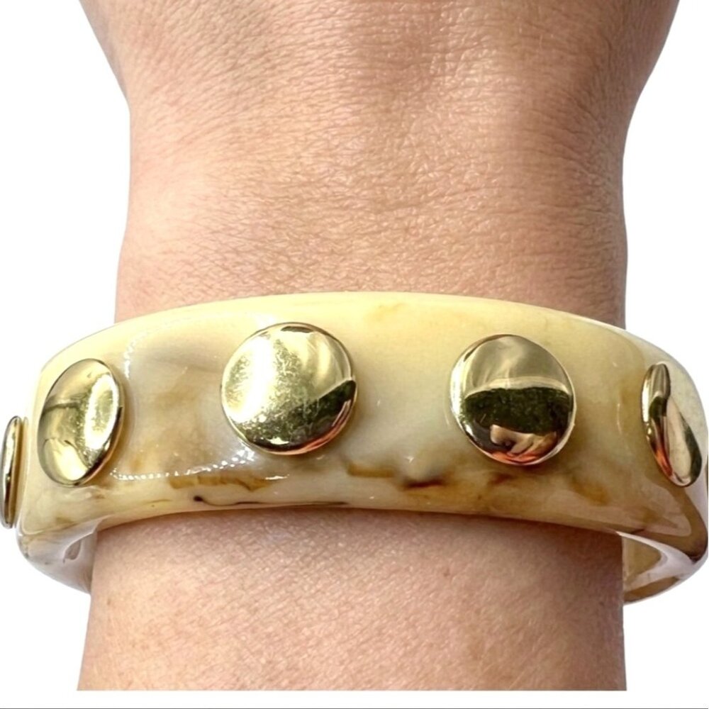 Rush Denis & Charles Faux Tortoise Cuff Bracelet Gold Tone Beads Cream Brown